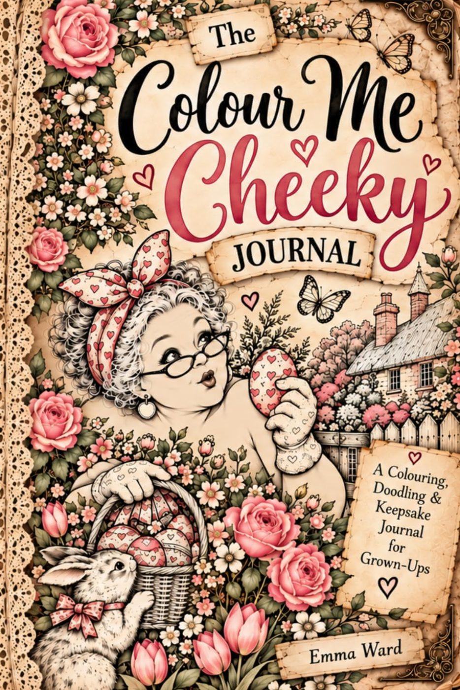 Cover of The Colour Me Cheeky Journal by Emma Ward – a vintage-style illustration of a cheeky lady in a polka-dot headscarf among roses