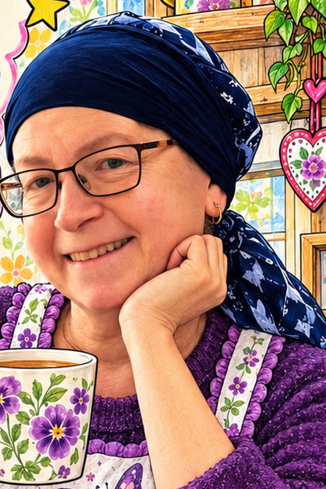 Illustration of Emma&rsquo;s mum smiling with a cup of tea, from the back cover of Because I Said So!